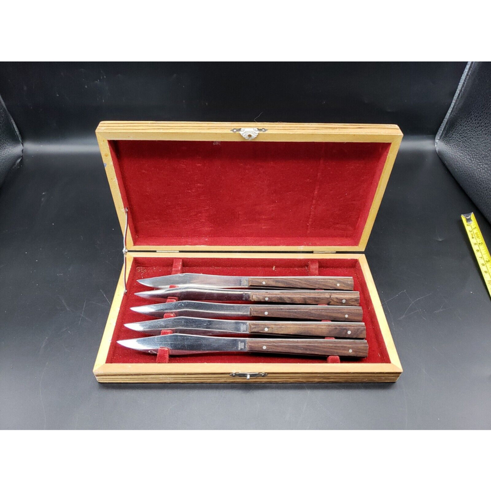 Vintage Mid Century Modern MCM 5 Wood Handle Steak Knife Set - Picture 2 of 12